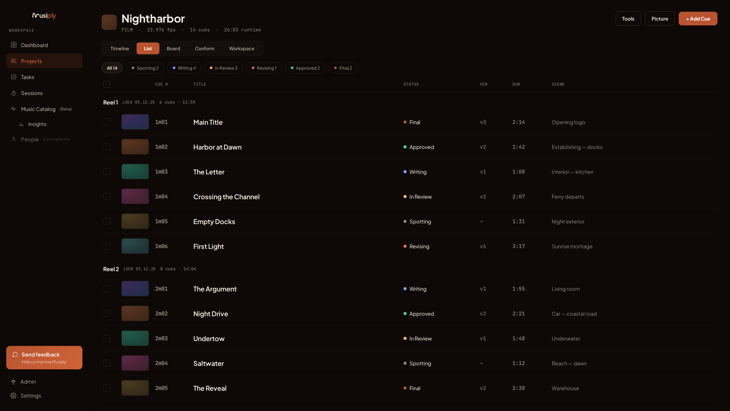 Musiply cue list view